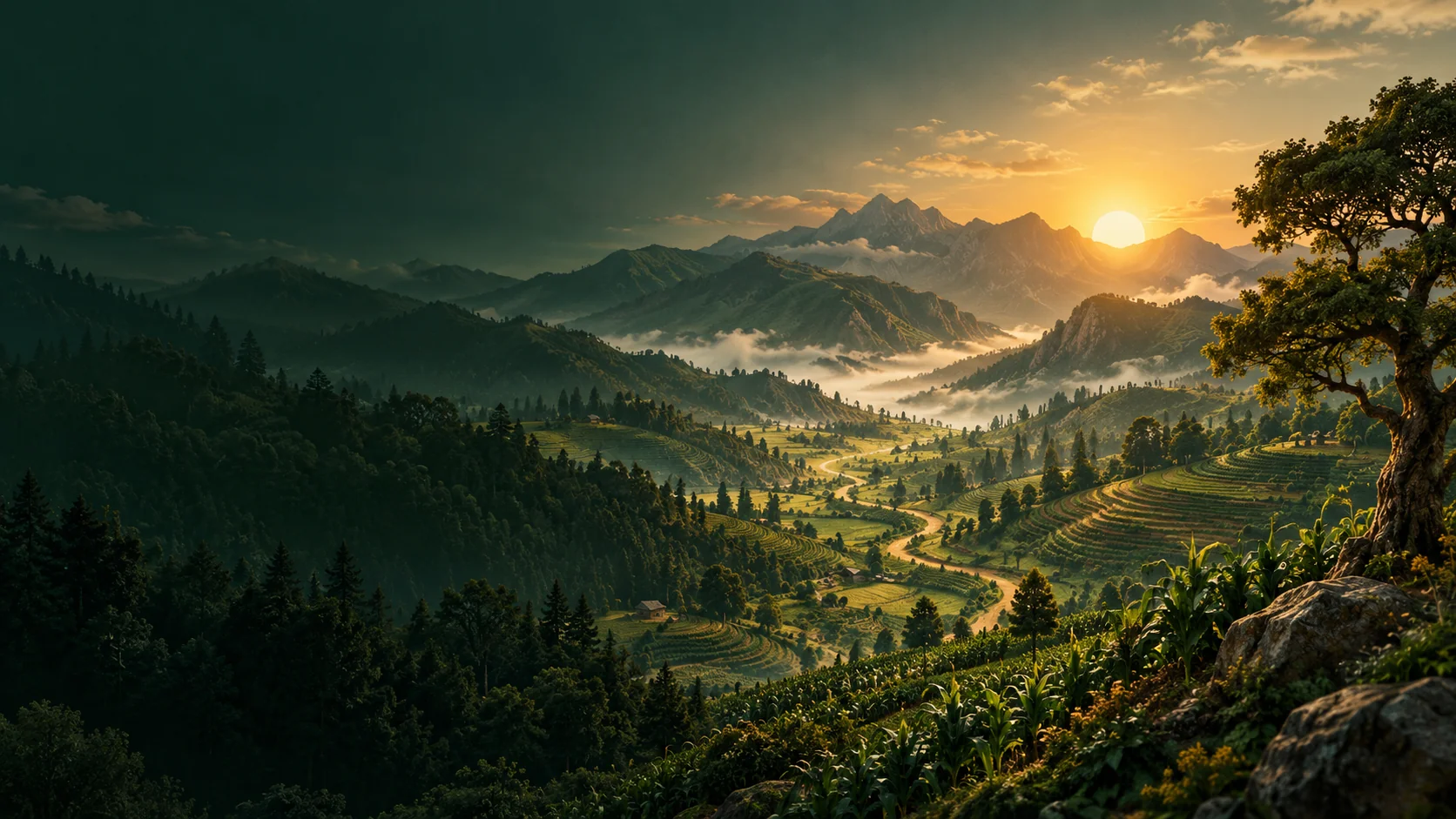 Paisaje artístico del altiplano: montañas, cultivos y un sendero hacia el amanecer